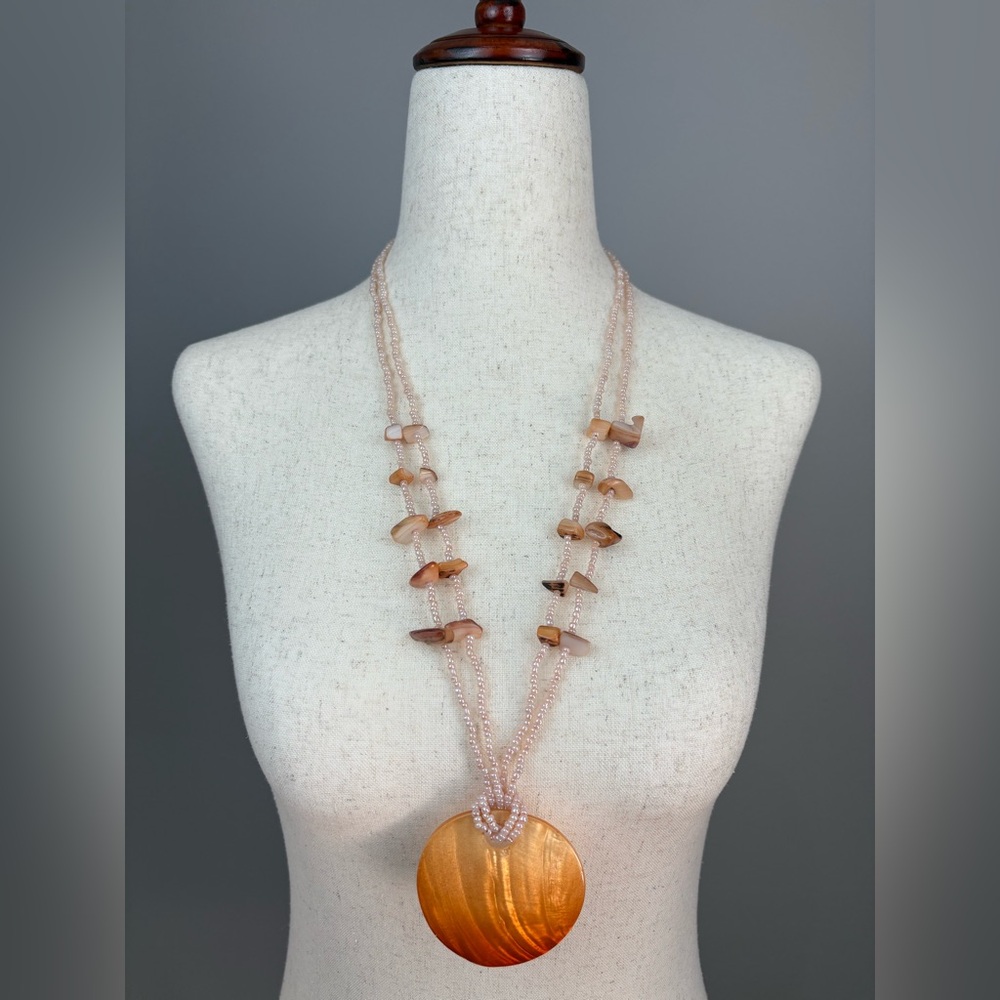 Mother of Pearl Beaded Necklace Mocha Apricot & Pink Reversible Coastal Beachy